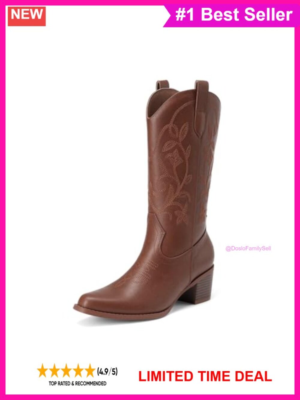 Western Mid Calf Cowboy Boots Faux Leather Block Heel Square Toe